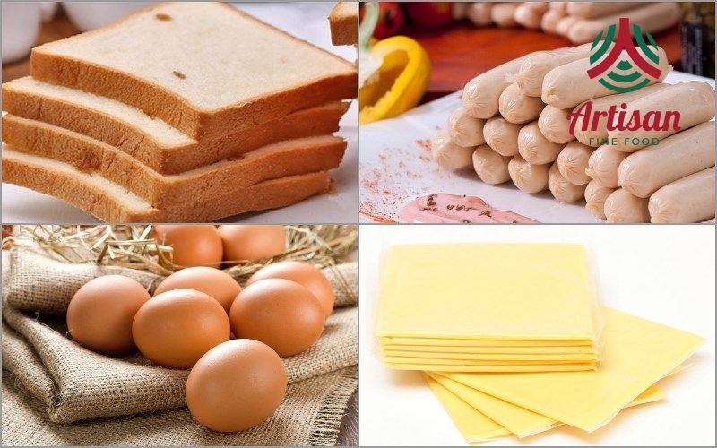 Nguyên liệu của món bánh mì trứng xúc xích 